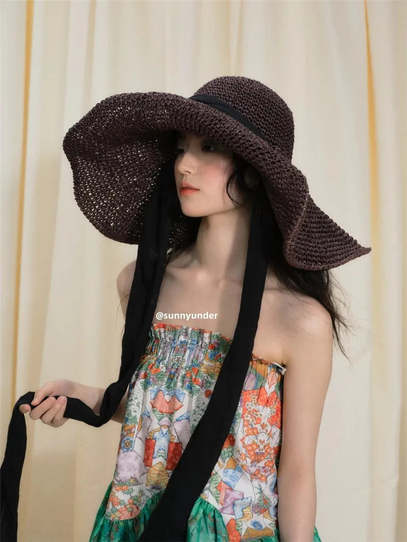 Chic Summer Wide Brim Paper Grass Sun Hat – Foldable & Packable with Long Ribbon