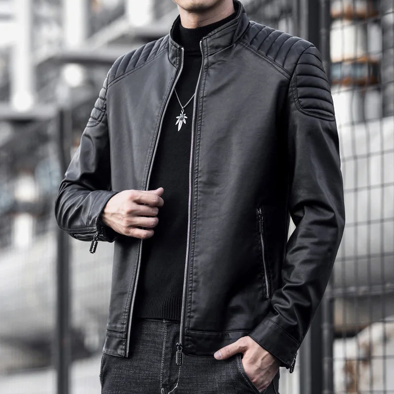 Men’s Winter Motorcycle PU Leather Jacket – Stand Collar Windbreaker