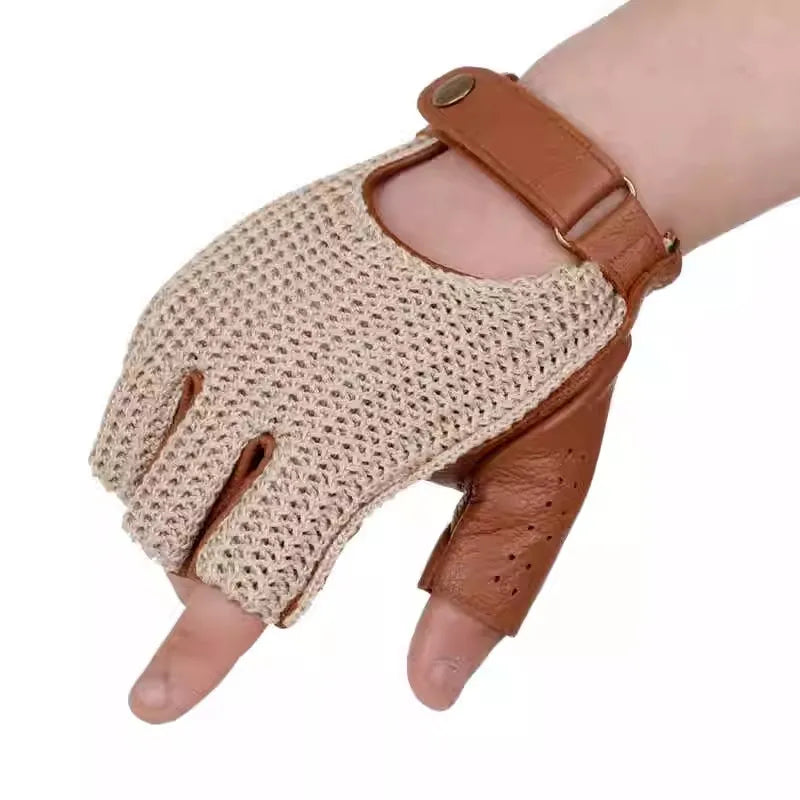 Semi-Finger Knitted Gloves with Sheepskin Patchwork – Retro Style Driving & Riding Gloves