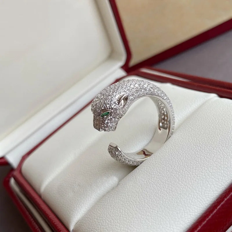 Designer Collection Open Ring – 925 Sterling Silver with Gold-Plated Leopard Panther Design