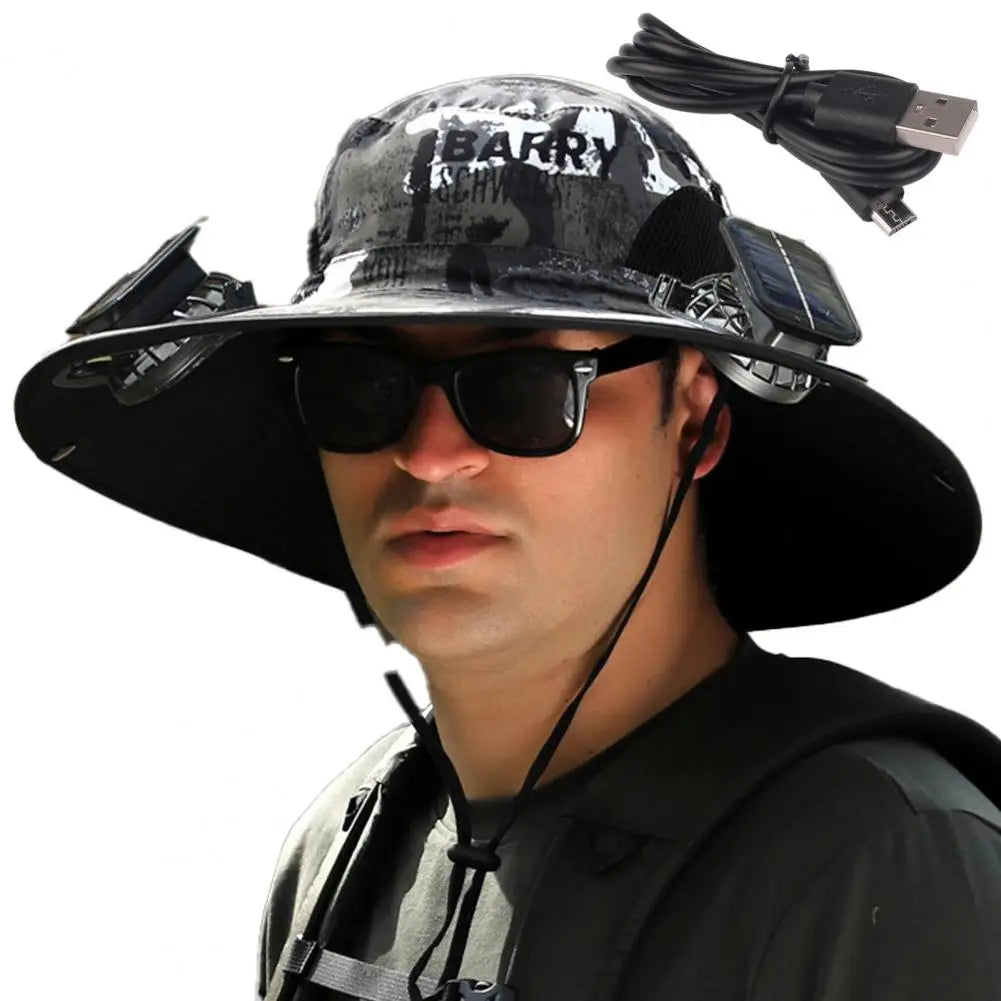 Outdoor Sun Hat with 2 Built-In Fans – Large Brim, Windproof Strap