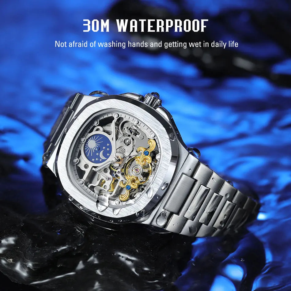 2025 SKROX High-End Luxury Square Watch – Skeleton Dial & Moon Phase