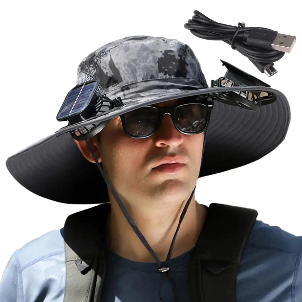 Outdoor Sun Hat with 2 Built-In Fans – Large Brim, Windproof Strap