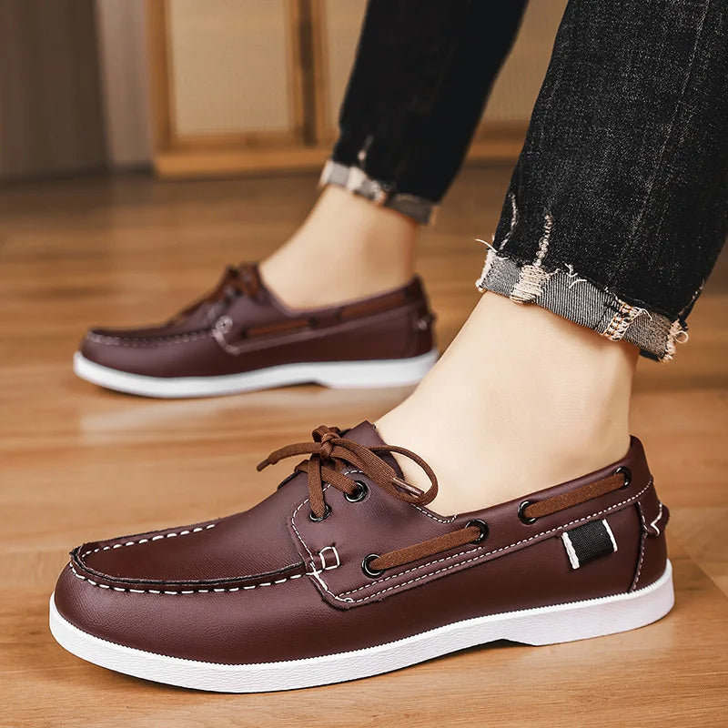 Men’s PU Leather Loafers – Strap Design Slip-On Boat Shoes